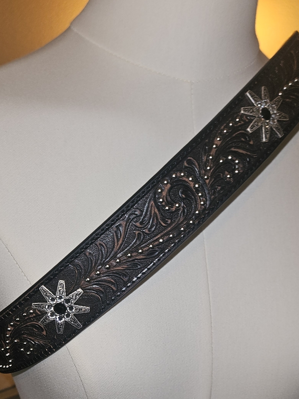 Nocona Floral Tooled Leather Belt with Decorative Silver Conchos - Picture 5 of 8